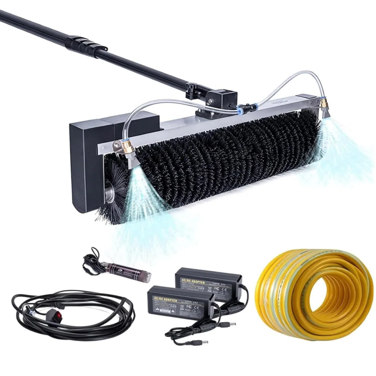 Kit de brosse professionnelle pour panneau solaire avec manche télescopique et tête rotative à 360° pour un nettoyage extérieur sûr, Mainselectricity, 5,5 m