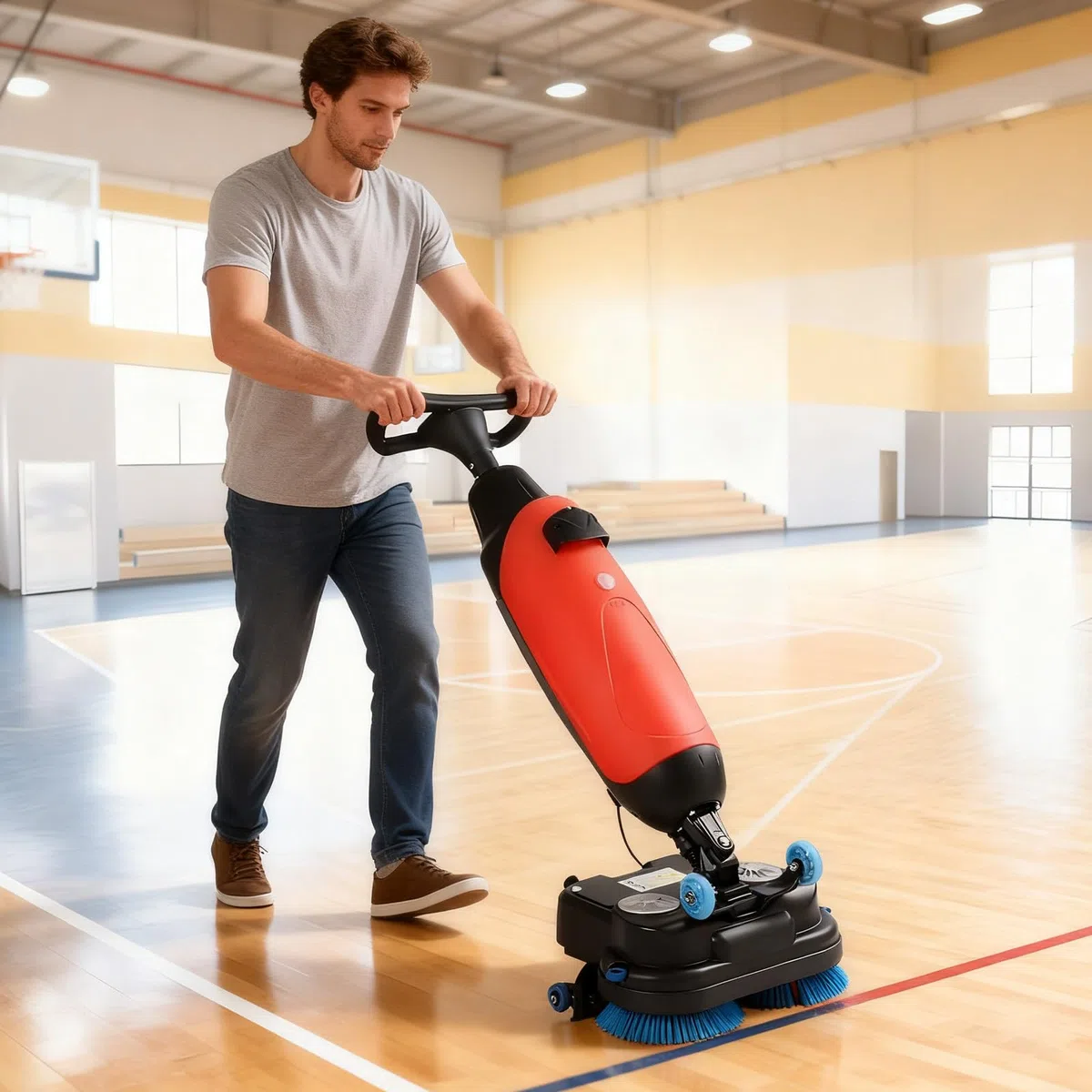 Auto Laveuse pour Sol Professionnel et Balayeuse Industrielle, Double Réservoir, Brosse Rotative 360°, Double Brosse Rotative, Nettoyage Puissant pour Entrepôts et Supermarchés Red-220V